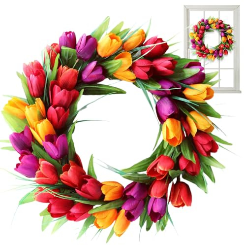 TüRkranz FrüHling Sommer KüNstliche Tulpen realistisch 16 Zoll Sommerkranz Künstlich hängende Blumenkranz lebendiger lebendiger dekorativer Kränze für Vordertürfensterwand, farbenfroh