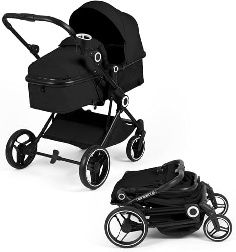Ickle Bubba Atom 2-i-1 Barnvagn – Från födsel till 22 kg, lätt, kompakt hopfällning, konvertibel ligg/sittdel, bakåt- och framåtvänd (Svart)
