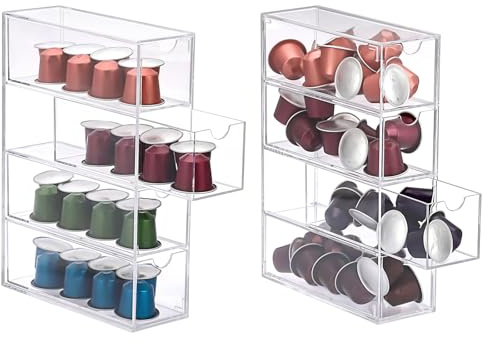 IGNPION Aufbewahrungsbox für Kaffeekapseln aus Acryl mit 4 Schubladen, transparenter Küchen-Kaffeekapselhalter und Zuckerpacket-Halter mit Deckel, stapelbare kleine Schreibtisch-Organizer-Schublade