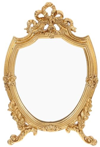 NOLITOY Vintage-Schminktisch-Schminkspiegel Antiker Traditioneller Tischspiegel Goldfarbener Geschnitzter Arendahl-Spiegel Für Wohnzimmer Schlafzimmer Tischplatte 22 cm