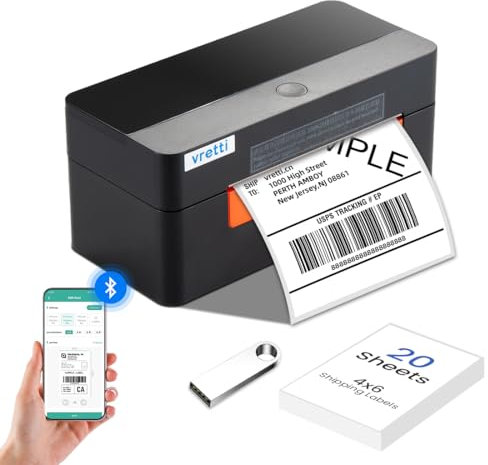 vretti Bluetooth Etikettendrucker DHL,Etikettendrucker 4x6,Versandetikettendrucker, für Barcode Versandetiketten Kompatibel mit Ebay,Amazon,Shopify,Esty,UPS