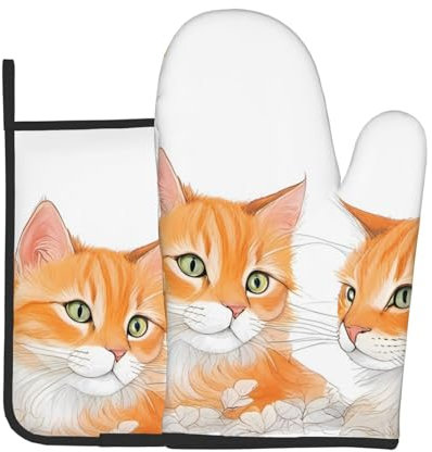YYHWHJDE Set di 2 guanti da forno e presine con immagine di gatti arancioni utilizzati per aprire i coperchi delle pentole in cucina e per trasportare piatti dal forno a microonde
