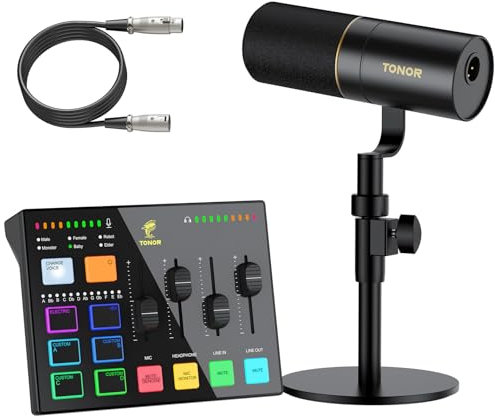 TONOR Podcast Equipment Bundle, Gaming Audio Interface and XLR Dynamic Microphone Set, USB Audio Mixer with RGB Lighting, for Gaming & Streaming, Content Creators, High Fidelity, Studio Quality Set