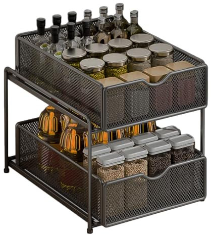 Schwarzer ausziehbarer Schrank-Organizer für Speisekammerschrank, Oberschrank, Schublade unter der Spüle, mit herausziehbarer Speisekammer-Aufbewahrungskorb, Tragkraft 15 kg, Maße 19 x 36 x 53 cm