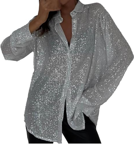 Camisetas con lentejuelas mujer elegante plata manga larga camisetas brillantes Navidad camiseta Curvy Cardigan camiseta tallas grandes strass camisa noche brillo oro Blusa Año Nuevo Tops