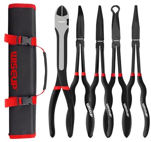 WISEUP 5Pcs Long Needle Nose Pliers Set ，Premium Carbon Steel，11 Long Reach Straight ，45° Bent Nose ，90° Bent Nose Plier，Diagonal Pliers for Narrow Spaces
