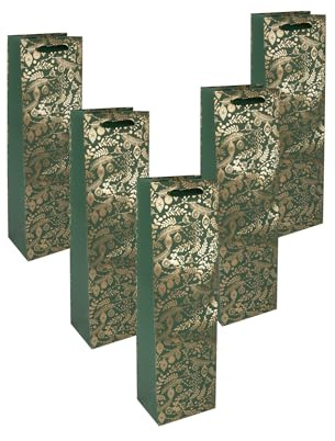 SIGEL Premium Flaschen Geschenktüten aus Papier Goldene Ornamente 5er Set | GT130/5, für Weihnachten, Gold-grünes Design mit hochwertigen Seidenbandgriffen, 35 x 10 cm