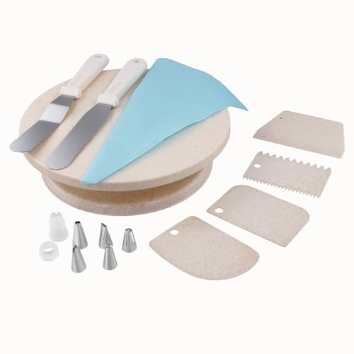 ZOENHOU Tortenplatte Set, Drehbare Tortenständer, Kuchen Dekorations Kits mit 2 Spachteln, 4 Teigschabern, 6 Spritztüllen und Spritzbeutel, 27,3 cm Tortenständer, Backzubehör Set
