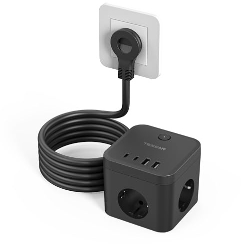 TESSAN Grenuttag med platt plugg, PD 20W snabbladdning USB C, 3 vägs uttag och 4 USB portar, kub grenuttag med strömbrytare och förlängningssladd 5 meters, eluttag för hem, kontor, kök, svart, 3680W | Kub grenuttag 3 uttag med 4 USB, 3680 W multikontakt med strömbrytare och 5 m elektrisk förlängning för hem, kontor