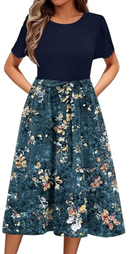 Damen Sommerkleid Elegantes Kurzarm Crew Hals Midi Kleid A-Linie Blumenkleid Casual Tunika Kleid hohe Taille Strandkleid mit Taschen S-XXL (DE/NL/SE/PL, Alphanumerisch, M, Regular, Regular, 5#)