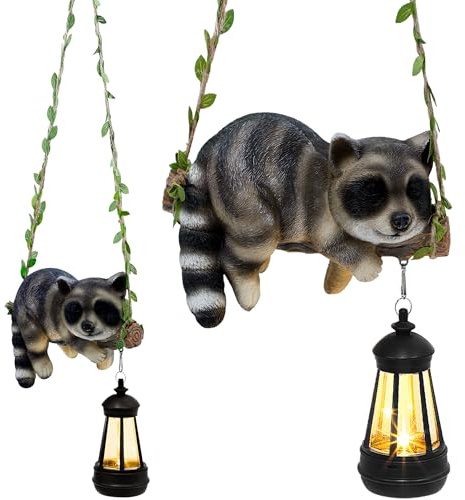 ZaaYee Solar Lighted Garden Outdoor Statue, 20.1 H Hanging Swing Lying with A Sleeping Raccoon and A LED Lantern, Resin Animal Figurine Hanging Ornaments with Hook for Decoration & Gift