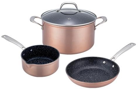 Set de 4 pièces cuivré 24cm Greblon céramique | Set 1 casserole 16 cm, 1 faitout 24 cm + couvercle, 1 poêle 24 cm, aluminium forgé, antiadhésif, induction, sans PFOA/PFAS