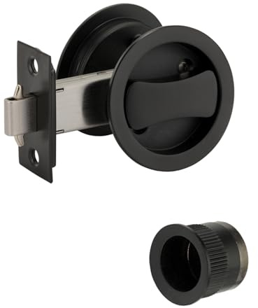 HANDLEZONE® Round Sliding Privacy Door Lock Kit – Black Matt Finish – Finger Pull with Hook Lock – for Bathroom or Toilet Sliding Doors