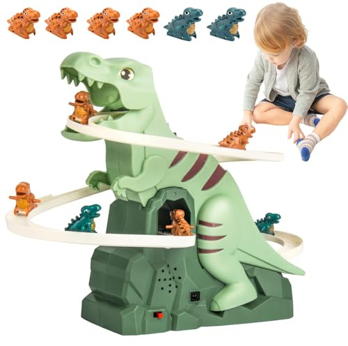 KBIBCK Dinosaurier Kletterspielzeug, Dinosaur Climbing Roller Coaster Toy, Dinosaurier Achterbahn Spielzeug mit Licht und Musik, Dino-Rutsche mit 6 Dino, Weihnachten Geschenk für Jungen und Mädchen