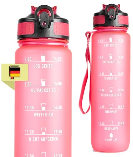 Trinkflasche 1L, deutsch, Motivation, Spühlmaschinen geeignet, Wasserflasche Auslaufsicher, BPA Frei, Sportflasche mit Zeitmarkierung (Pink (weisse Schrift))