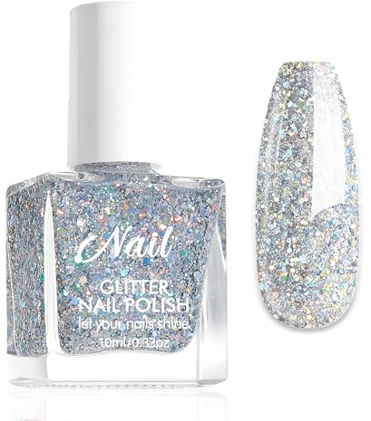 Glitzer Nagellack Holographic - Wasserbasierter Nagellack Silber - Schnelltrocknender Nagellacke Mädchen Ungiftig - Sparkling Nail Polish Nagelack Ohne UV Lampe Für Frauen Nail Art (Silver, 10ml)
