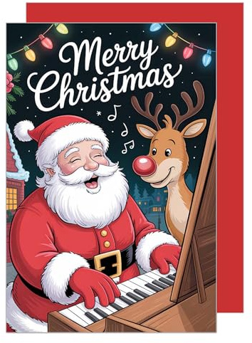 Edition Seidel Premium Grußkarte zu Weihnachten mit Umschlag. Glückwunschkarte Weihnachtskarte Karte englisch für Frau Mann Retro Merry Christmas Xmas Weihnachtsmann Musik (W1099 SW025)