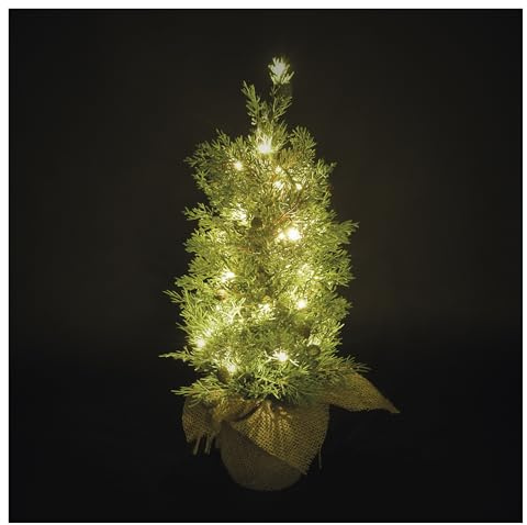 EMOS - Albero cipresso artificiale a LED 50 cm - Cipresso in vaso, 30 LED, bianco caldo - Timer 6/18h, funzionamento a batteria (3 x AA), lunghezza cavo 0,15 m, sacchetto di iuta incluso - 10000 h