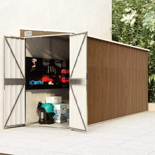 Casetta da giardino montata a parete, in acciaio zincato per cortile, da giardino, marrone, 118 x 382 x 178 cm