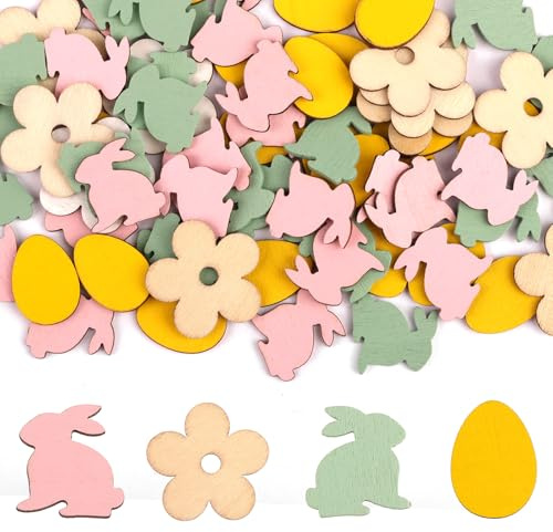 Streudeko Ostern Frühling, 70 Stück Oster Tischdeko Holzkonfetti, Holzeier Holzblumen Holzhasen zum Basteln, Konfetti für Ostern Party Tischdeko DIY Basteln Geschenke