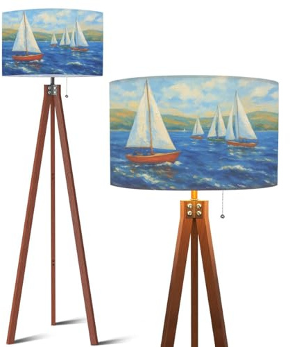 Wood Tripod Floor Lamp Blue Abstract Sailboat Nautical Navy Seascape Sailboats Ocean White Mid Century Standing Lamp Linen Shade Dimmable Modern Tall lamp Home Decor for Living Room Bedroom Office