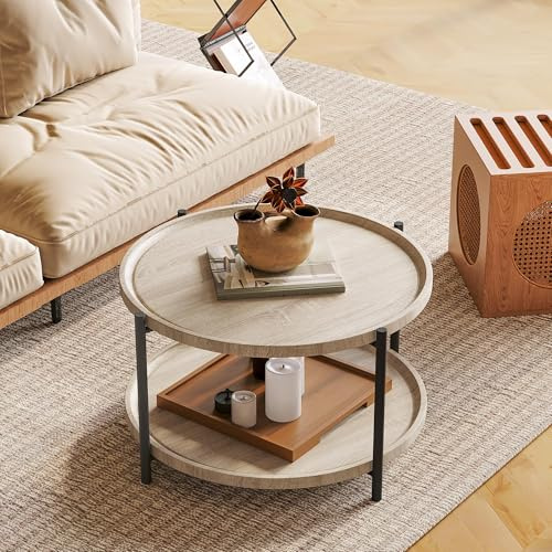 Garvee Couchtisch Rund 75cm, Moderner Wohnzimmertisch mit 2 Ebenen, Kaffeetisch im Industrie-Design, Sofatisch in Eiche-Optik & Schwarz, Stabiler Beistelltisch für Wohnzimmer & Büro