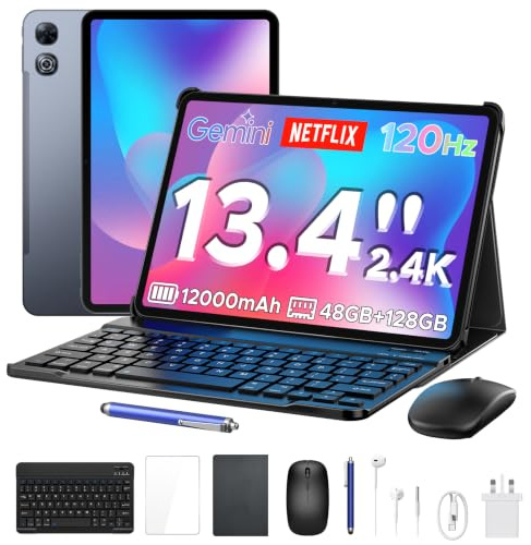 Luzglo P13 Tablet 13 Pollici Android 16 Gemini AI, 2.4K/120Hz, 48GB RAM+128GB ROM/2TB TF, 12000mAh/18W, T7280 Octa-Core, 13MP+8MP, Face ID/WiFi5/GPS/OTG, Tablet con Tastiera e Penna, Grigio