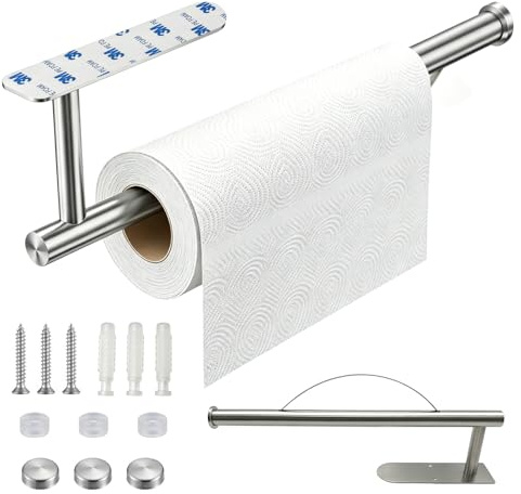 Support de Rouleau de Sopalin Mural sans Perçage, Porte Essuie-Tout avec Frein d’Arrêt, Fixation Auto-Adhésive en Acier Inoxydable, Idéal pour Installation sous l'Armoire de Cuisine (Couleur Argentée)
