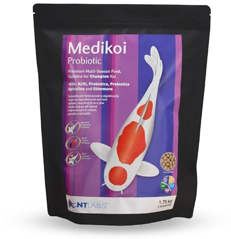 NT Labs Medikoi Probiotic Multi-Season Pond Fish Food 6mm Pellets (1.75 kg) | All year round koi food utilises probiotic bacteria for easy digestion to maximise nutrient uptake and body mass gain.
