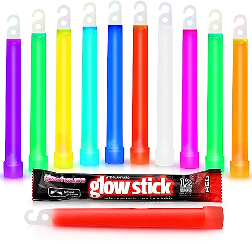 The Glowhouse 6 Inch Premium Glow in the Dark Glow Sticks with Lanyard Assorted Colours Pack of 10