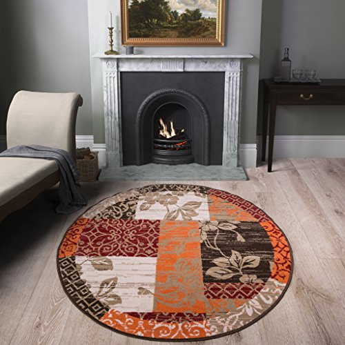 Milan Traditional Modern Design Brown Red Orange Beige and Cream Patchwork Circle Rug