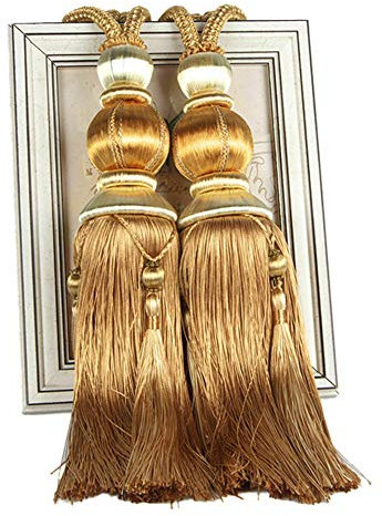 1 Pair Curtain Tiebacks Holdbacks Clip Binding Rope Tie Backs Handmade Tassel Tiebacks Home Window Decorative (Gold)