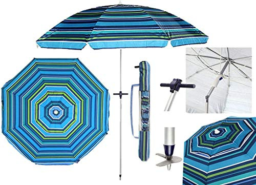 Strandschirm, 2 m, Aluminium, UPF+50, 99 % UV+, Spirale mit verstärkter Aluminiumspitze, 16 Rippen, verdrehsicher, sehr leicht 1,6 kg, windfest bis 35 km/h, Streifen blau, 200 cm