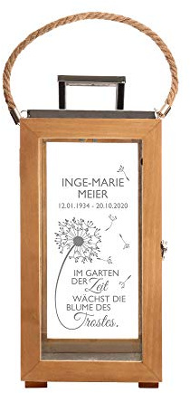 Casa Vivente Gedenklaterne aus Holz mit Gravur für das Grab, Trauerlicht mit Inschrift, Personalisiert mit Namen und Datum, Trauer Blume, Grablicht für Trauer, Beileid