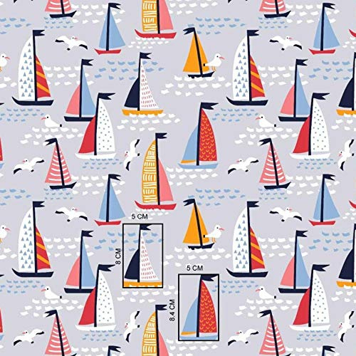 Pingianer 11,99€/m Schiff Boot Pirat 100% Baumwolle Baumwollstoff Kinder Meterware Handwerken Nähen Stoff (Segelboot Grau, 100x160cm (11,99€/m))