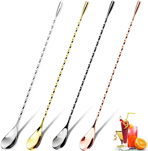 YUNAI 4 Cocktail Rührlöffel, Cocktail-Mischlöffel aus Edelstahl, 30 cm Bar Long Handle Löffel, Spiral-Design, langer Griff, Cocktail-Rührlöffel für Cocktail-Shaker, Cocktaillöffel (4 Farben)