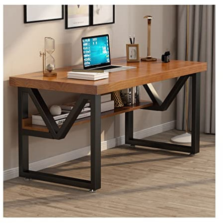 Computertisch Home-Office-Massivholz-Schreibtisch, Schweres Metallbein Spieltisch Besprechungstisch Esstisch, Büromöbel Mit Regal (Size : 140x70x75cm)