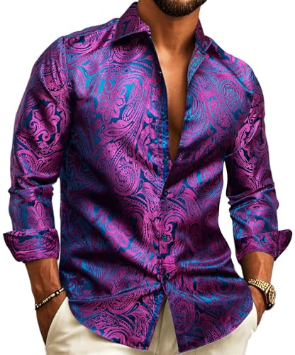 Barry.Wang Chemise en soie pour homme - Motif cachemire floral - Coupe droite - Pour fête de mariage - Robe formelle décontractée, violet, S