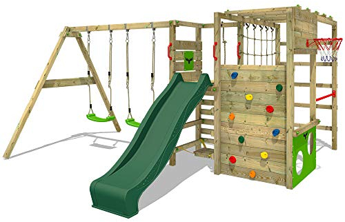 Fatmoose Wooden climbing frame ActionArena Air XXL with swing set & green slide, Outdoor kids playhouse with sandpit, climbing ladder & play-accessories for the garden