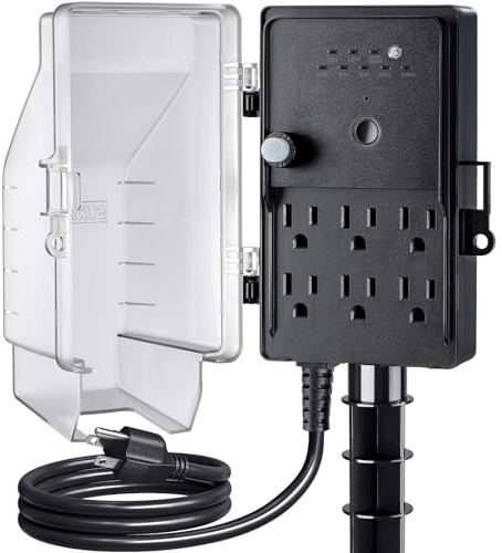 SURAIELEC Outdoor Power Stake Light Timer, Dusk to Dawn, 6 Electrical Outlet Power Strip Weatherproof, 6FT Extension Cord Multiple Outlet for Patio Lights, Sprinkler, Garden, Christmas Decorations