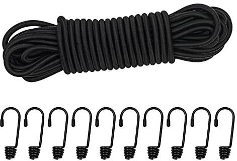 Dondeen Elastic Cord,Shock Cord Heavy Duty Elasticated Shock Cord Black Bungee Cords with Hooks and Spring Cord Lock for Caravan Cargo Craft Rack (6mm x 10M, Black)