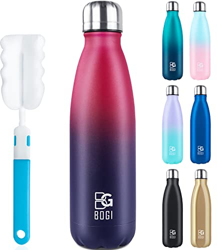BOGI Insulated Water Bottle 500ml Stainless Steel Leak Proof Keep Water Hot Cold Sports Water Bottle for Girls Boys with Cleaning Brush (Red)