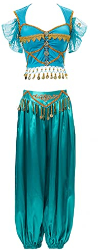 YEAJION Damen Prinzessin Jasmin Kostüm mit Zubehör Prinzessin Aladdin Cosplay Kostüm Bauchtanz Outfit Halloween Karneval Party Bühnenauftritt Kostüm für Erwachsene, L
