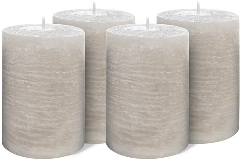 Brandsseller 4er Set Stumpenkerzen 9x15 cm – durchgefärbt & aus Paraffin – rustikale Kerzen mit langer Brenndauer – Dekokerzen für Tischdeko, Weihnachten & Feste – Taupe