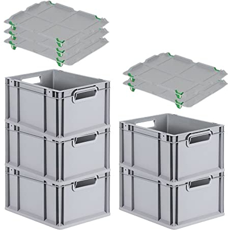 PROREGAL SparSet 5x Eurobox NextGen Grip mit Auflagedeckel & 4 grünen Schiebeschnappverschlüssen, HxBxT 22x30x40cm, 20 L, Grau, Griffe offen, Eurobehälter, Transportbox