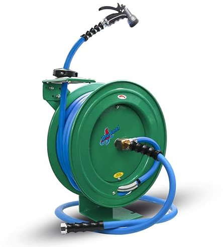 RMX BluSeal Avvolgitubo automatico retrattile dell'acqua con tubo da giardino in gomma calda e fredda, ugello spray - ultra leggero, super forte con tubo di piombo da 10,2 cm (3/4 x 50 'verde)