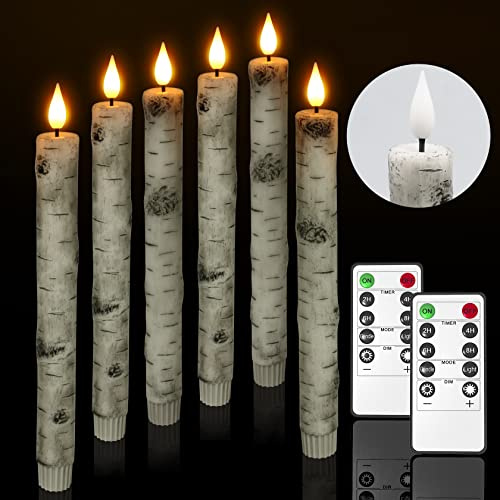 PChero Birken LED Stabkerzen mit Fernbedienung, 6 Stück Echtwachs Flackernde Flammenlose Batteriebetrieben Rustikal Kerzen für Halloween Xmas Party Dekoration – Warmweiß