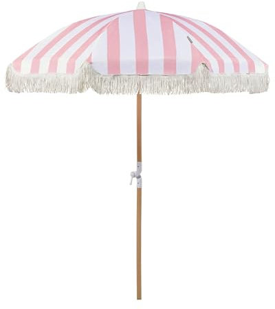 Beliani Parasol de Jardin Rétro ⌀ 150 cm Mât en Bois et Tissu Rose et Blanc Mondello