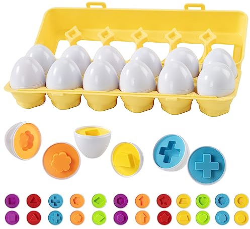 Wisplye Huevos de Juguete Plástica 12Pcs Juego de Reconocimiento de Formas y Colores Clasificación Puzzle Montessori Juguete Educativos Regalo para para 3+ Niños Niñas