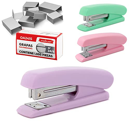 GRAPADORA PASTEL + 1000 GRAPAS STARPLAST - Tamaño 12 x 4,5 x 3,5 cm, caja con 1000 grapas galvanizadas - M LILA